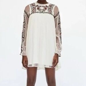 ZARA Bohemian Embroidered Cream Mesh Dress With Floral Design & Pom-Pom Details